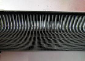 Fins on a heat exchanger.